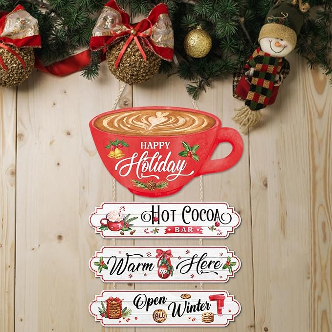 CHDITB Christmas Decor Hanging Wood Sign, Hot Cocoa Bar Wall Plaque, Christmas Theme Winter Art Wooden Signs Happy Holiday Party Hot Cocoa Porch Sign 4pcs Kitchen Cafe Coffee Bar Wall Art Xmas Decor