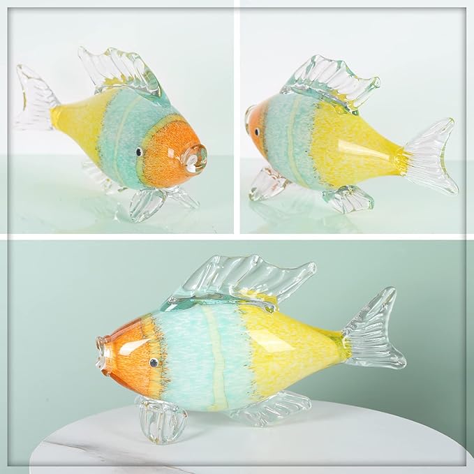 Colorful Glass Fish Sculpture, Hand Blown Fish Glass Figurine, Birthday Gift for Marine Animal Series, Desk Glass Paperweight (AE-3)