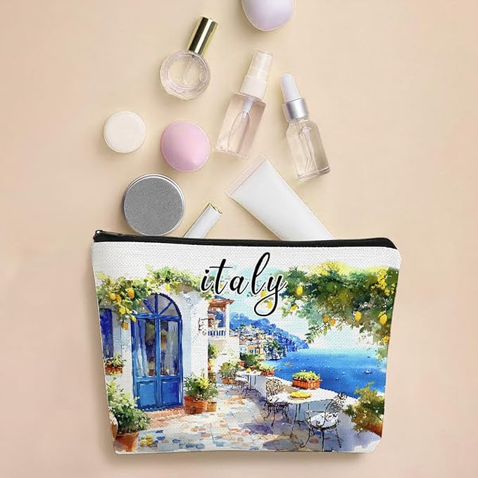 Italy Makeup Bag Gifts for Women, Italy Souvenirs, Travel Essentials Cosmetic Pouch Waterproof Linen Toiletry Organizer, Italian Themed Gifts for Travelers Wife Mom Friends Teacher Coworker