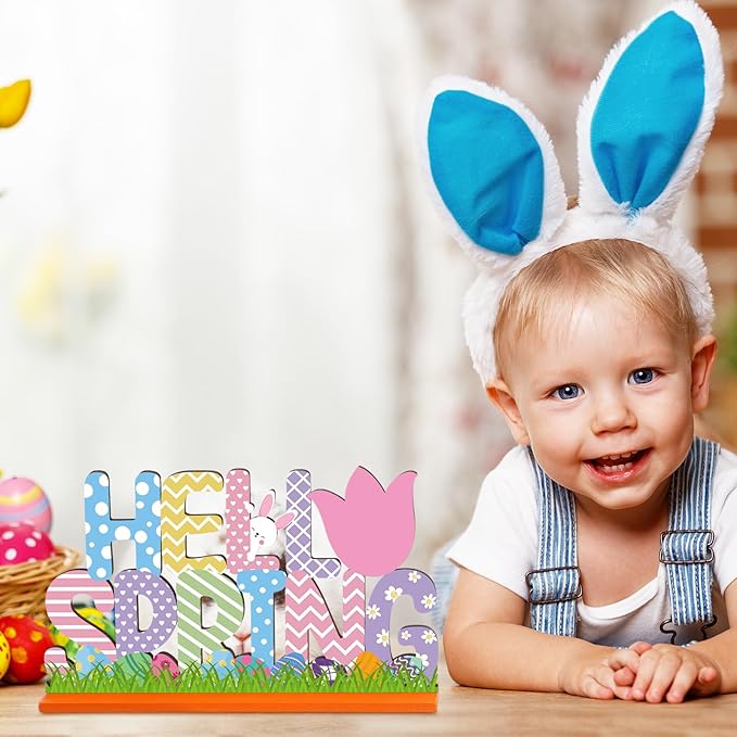Hoolerry 6 Pcs Easter Table Decorations Wooden Happy Easter Table Centerpieces Hello Spring Colorful Egg Bunny Tabletop Signs for Dinner Party Indoor Outdoor Decor