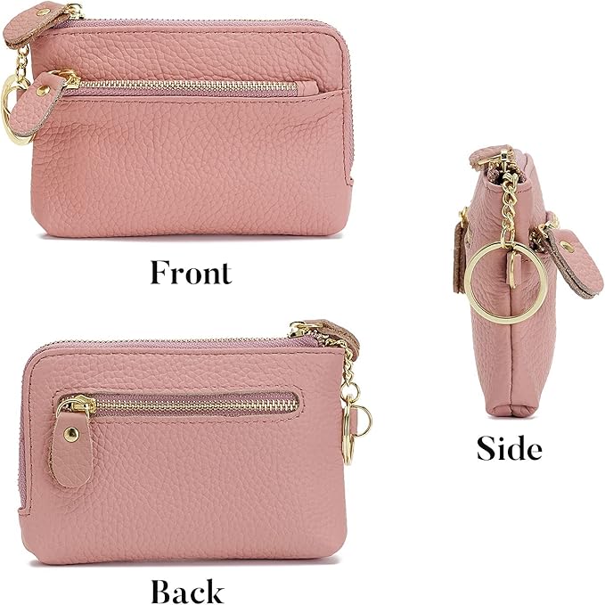 Genuine Leather Coin Purse for Women with Large Opening & Wrist Strap Navy (Pink)