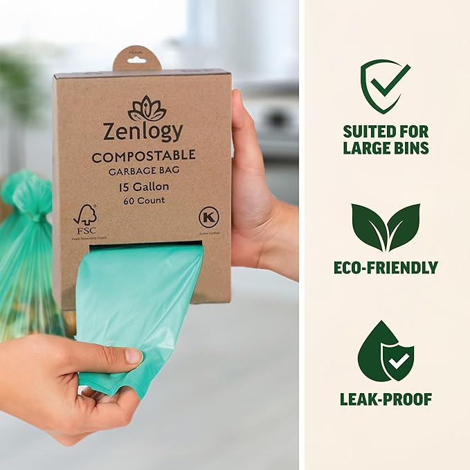 Zenlogy Compostable 10-15 Gallon Garbage Bag, Heavy Duty Eco Friendly Tall Trash Bags, Biodegradable Waste Basket Bin Liner Sack for Kitchen, 60 Count