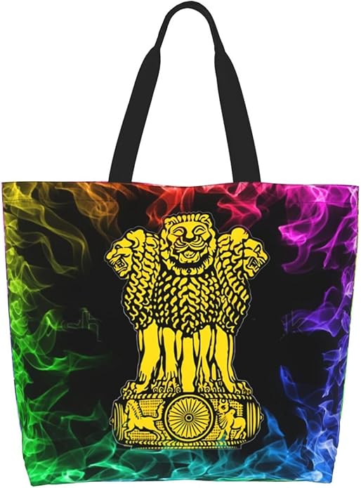 India National Emblem Large Reusable Eco-friendly Shopping Bags Portable Storage Handbag