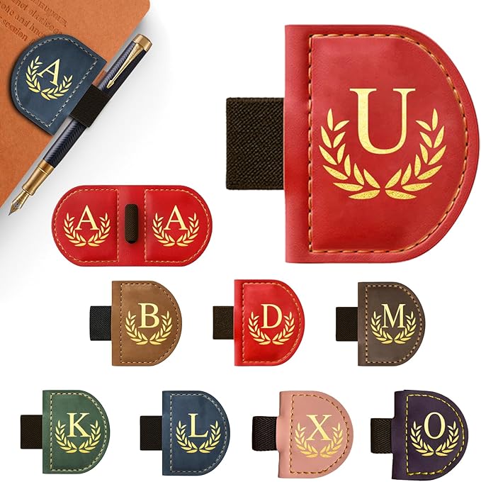 Personalized Leather Magnetic Bookmark with Pen Holder, Custom Bygone Mark Bookmark with Pen Holder, Custom Bookmarks with 26 Letters for Reading Women, Men, Teachers, Book Lovers（Red，U）