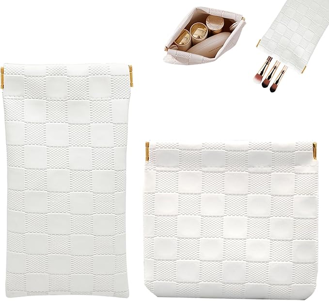 2PCS Small Makeup Bag for Purse, Mini Leather Pocket Cosmetic Bag for Women, Waterproof Portable Makeup Pouch No Zipper Coin Purse Lipstick Bag Accessories, Checkered Travel Storage Bag (White)