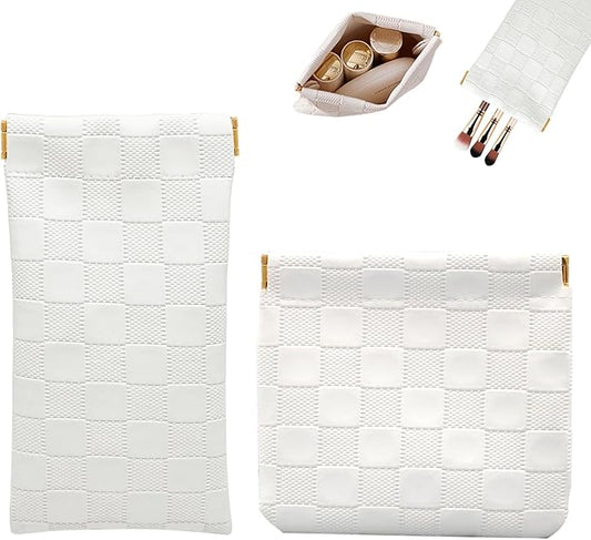 2PCS Small Makeup Bag for Purse, Mini Leather Pocket Cosmetic Bag for Women, Waterproof Portable Makeup Pouch No Zipper Coin Purse Lipstick Bag Accessories, Checkered Travel Storage Bag (White)