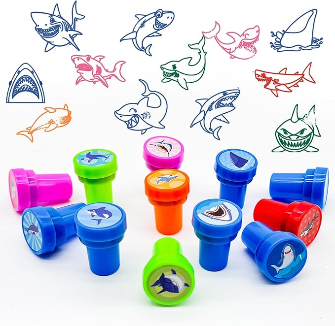 Cinrobiye 24 Pcs Shark Party Favors Stampers for Boys Girls Pre-Inked Sea Animal Stamps for Birthday Party Supplies Goody Bag Fillers School Classroom Rewards DIY Crafts Pinata Gift Prize