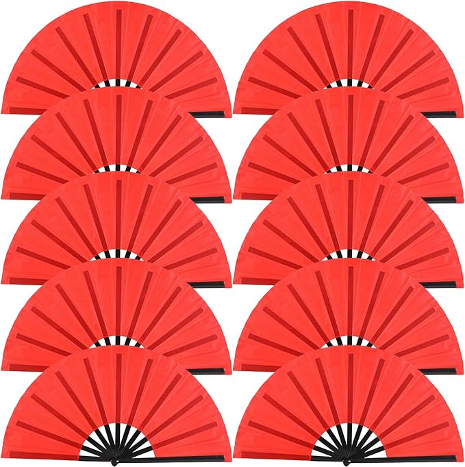 Huralona 5 Pack Large Folding Hand Clap Fan Fabric Rave Popping Fans Chinese Kung Fu Tai Chi Hand Fan Festival Dance Gift Performance Decorations (10 Pack-Red)