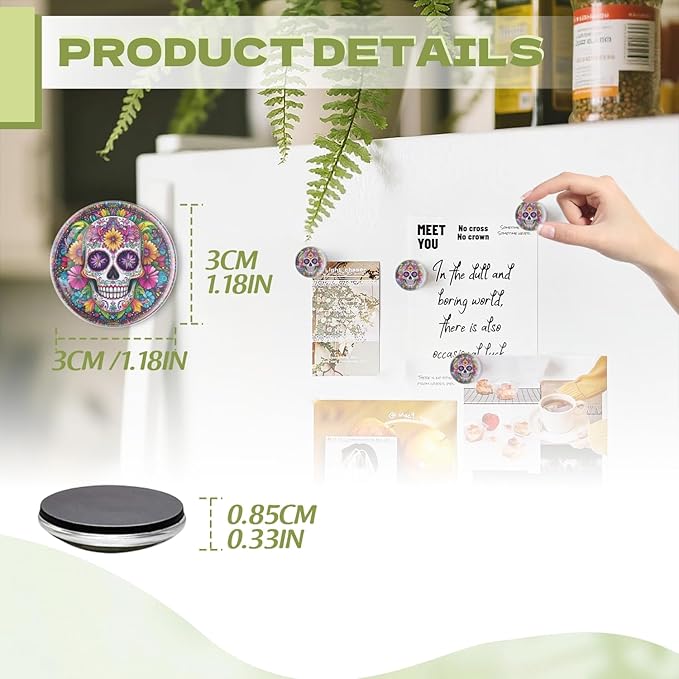 Fridge Magnets 6 Pcs Colorful Sugar Skull with Flowers Round Strong Magnetic Glass Small Refrigerator Magnet,Home Decoration for Office Whiteboards,Classrooms,Cabinet and Dishwasher