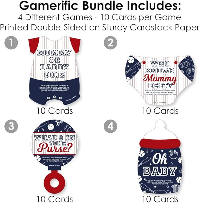 Big Dot of Happiness Batter Up - Baseball - 4 Baby Shower Games - 10 Cards Each - Who Knows Mommy Best, Mommy or Daddy Quiz, What’s in Your Purse and Oh Baby - Gamerific Bundle