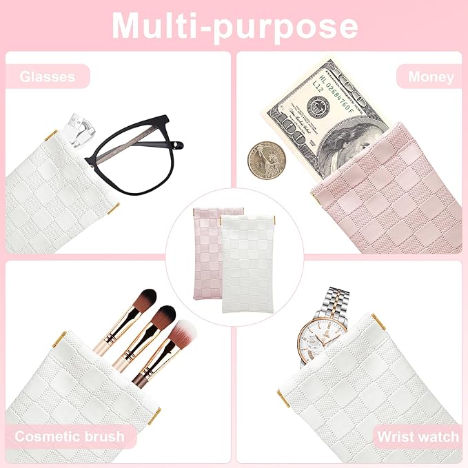 4PCS Small Makeup Bag for Purse, Mini Leather Pocket Cosmetic Bag for Women, Waterproof Portable Makeup Pouch No Zipper Coin Purse Lipstick Bag Accessories, Checkered Travel Storage Bag(White, Pink)