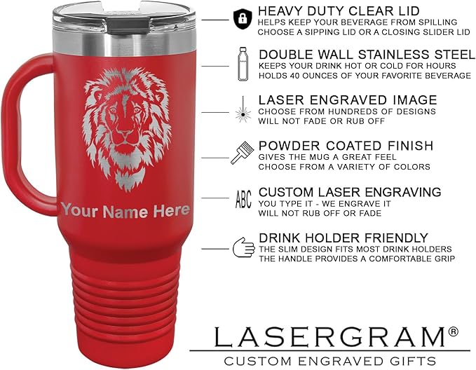 LaserGram 40oz Vacuum Insulated Travel Mug with Handle, Cup of Coffee, Personalized Engraving Included (Red)