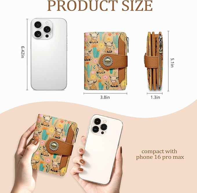 Highland Cow Small Wallet Women RFID Blocking Bifold, Cute Credit Card Holder, Zipper Coin Pocket, PU Leather, Compact, Travel, 4 ID Window, 14 Card Slots, Western, Cash Purse, Ladies Woman