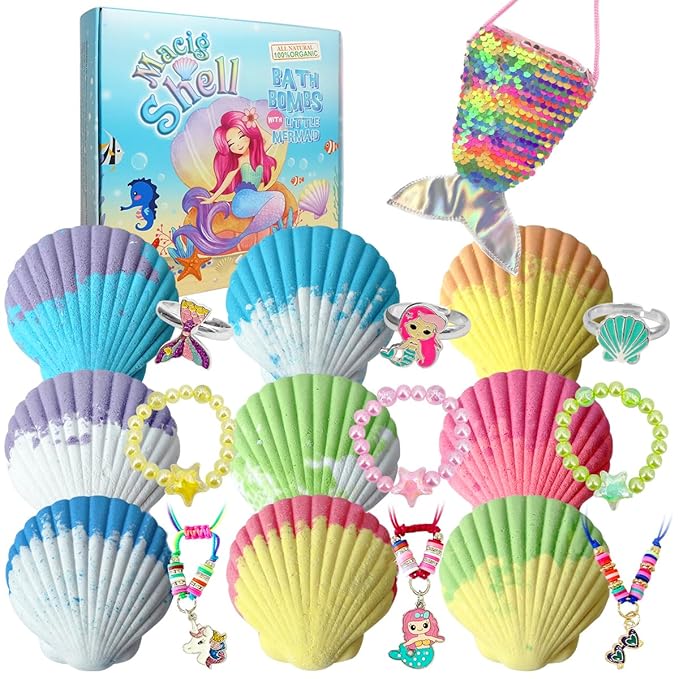 Magic Shell Bath Bomb Gift Set for Kids, 9 Pack Bath Bombs with Little Mermaid for Girls, Organic Bath Bombs with Surprise Inside.