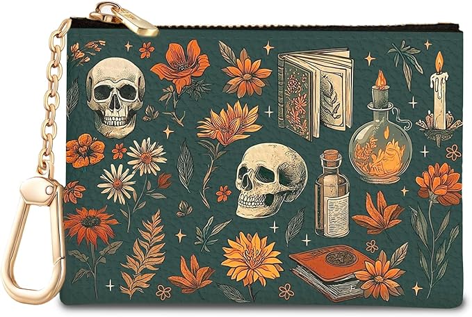 Halloween Goth Skull Keychain Coin Purse for Women, Vintage Gothic Skeleton Flower Book Small PU Leather Change Pouch, Zipper Little Tiny Travel Girls Wallet, Zip Pocket Key Ring Coin Holder