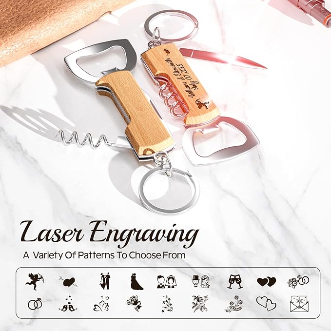 120PCS Personalized Wooden Multifunctional Bottle Opener, Customized Favors Gifts for Wedding Birthday Party, Engraved Bottle Opener Keychains for Guest