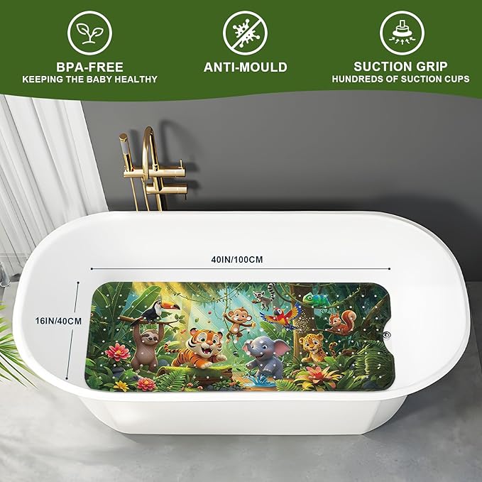XIYUNTE Upgrade Baby Bath Mat Non Slip - 40"x16" Extra Long Kids Bath Mat for Tub Non Slip Bathtub Mat Eco-Friendly Toddler Bath Mats with Suction Cups, Machine Washable and No Fading, Animal Forest