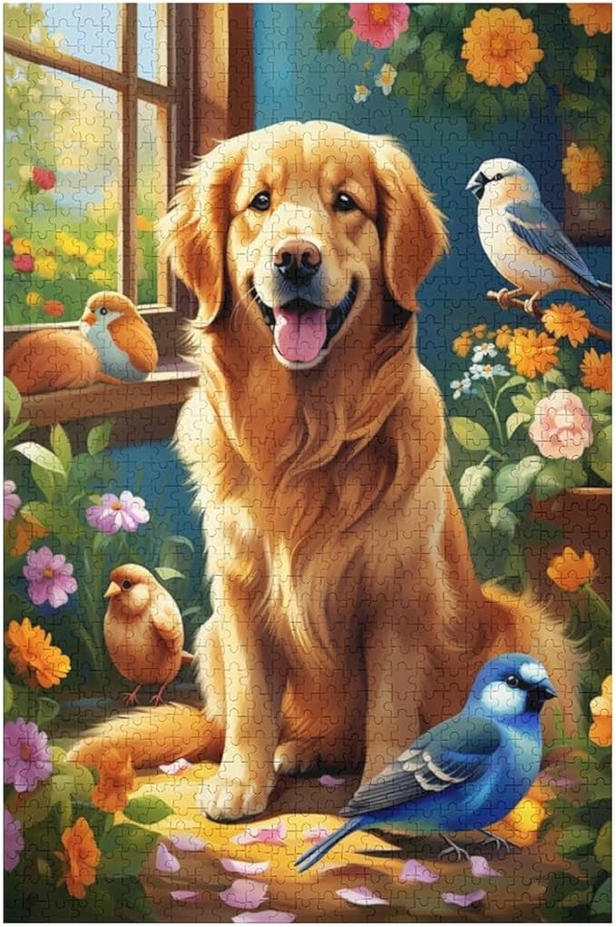 Wooden Puzzle - Garden Golden Retriever Jigsaw Puzzles，Wooden Puzzles for Adults 1000 Pieces Challenge Puzzles，Educational Games，Family Puzzles，Unique Gifts for Wall Art