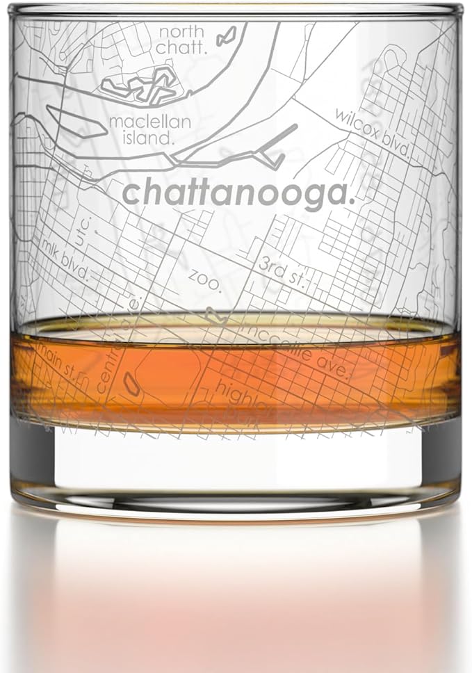 Well Told Engraved Chattanooga Tennessee Map Rocks Glass, Old Fashioned Glassware (11 oz, Clear) Etched Bourbon Tumbler, Gifts For Whiskey Lovers