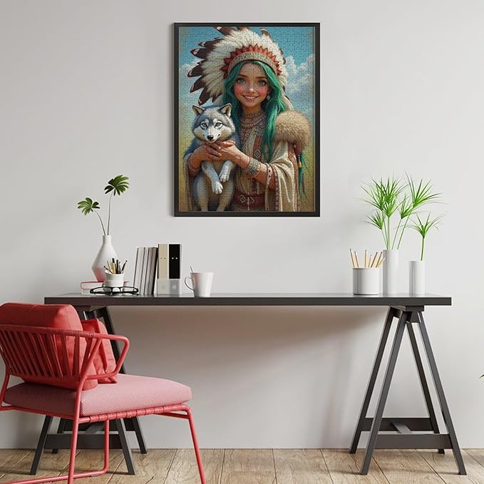 Puzzles for Adults 500 Pieces Wooden Jigsaw Puzzle - Indian Beauty & Wolf，Native American Theme Puzzle，Party Games，Family Toys，Educational Puzzles，Stress Relief Wooden Puzzle，Home Decoration