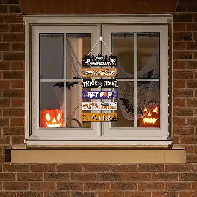 CHDITB Happy Halloween Wooden Sign, Spooky Ghosts Goblins Wood Hanging Plaque, Halloween Front Door Sign, Festive Wall Art Sign Hanger, Seasonal Holiday Wall Decor for Outdoor Porch Yard Party Decor
