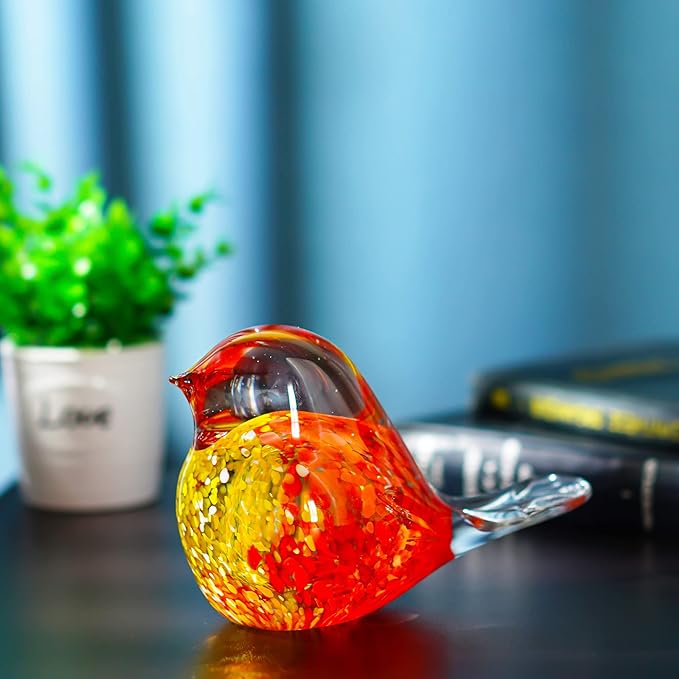 QFkris 7inch Blown Glass Bird Figurine Collectibles Handcrafted Bird Paper Weight Glass Art Animal Sculpture Home Decoration Tabletop Centerpiece