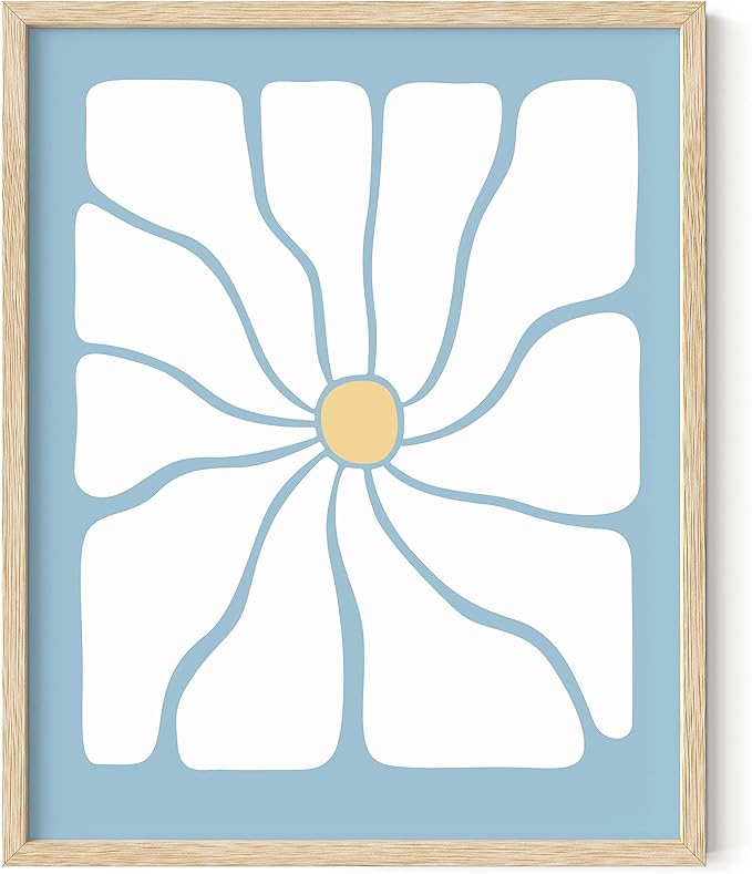 HAUS AND HUES Blue Aesthetic Daisy Artwork, Indie Room Posters, Trendy Wall Art, Danish Pastel Decor (Beige Frame, 16x20)