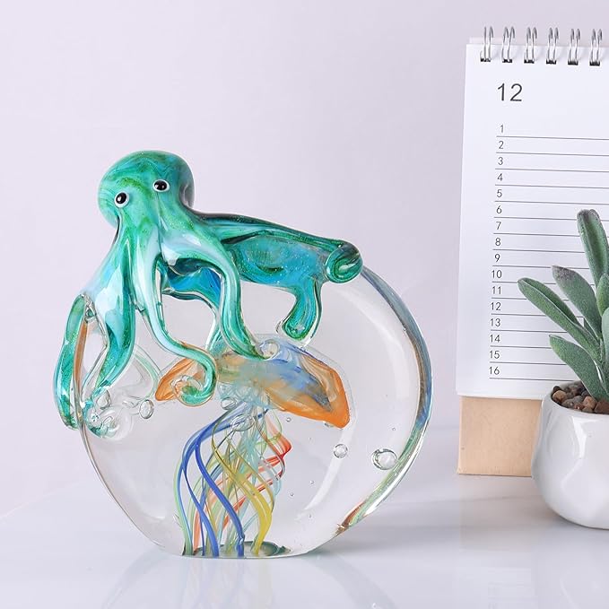 LCCCK Glass Octopus Jellyfish Statue Home Decor, Hand Blown Glass Decor Ocean Figurines Octopus Sculpture, Murano Art Office Desk Paperweights Fish Tank Aquarium Sea Animals Christmas Birthday Gift