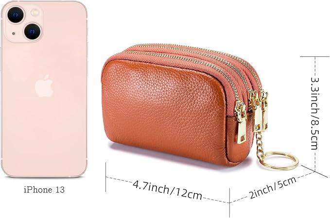 LINNO 3 Zippered Genuine Leather Coin Purse Triple Capacity Change Pouch Little Travel Wallet With Key Ring for Women