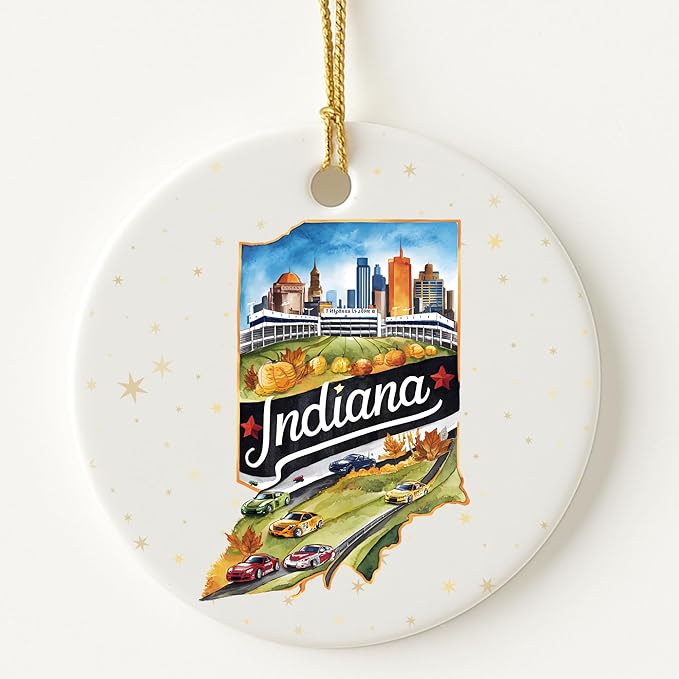 USA State Landmark Ceramic Ornament – Round Glossy Christmas Decoration Featuring U.S. State Art, Landmarks & Holiday Scenery – Collectible Travel Souvenir Ornament Series (Indiana)