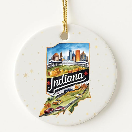 USA State Landmark Ceramic Ornament – Round Glossy Christmas Decoration Featuring U.S. State Art, Landmarks & Holiday Scenery – Collectible Travel Souvenir Ornament Series (Indiana)