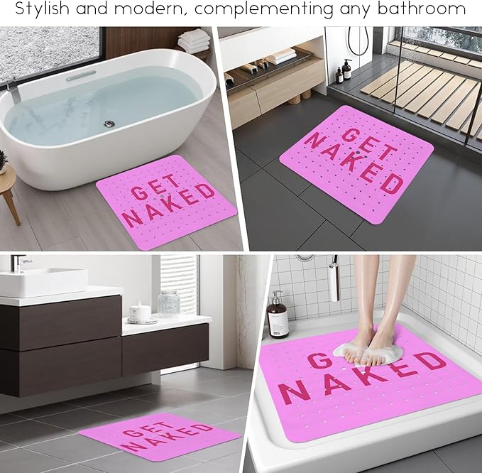 Bathtub Mat Non Slip, Get Naked Square Bath tub Mat Shower Floor Mat with Suction Cups for Adults Kids Elderly 21 X 21 Inch
