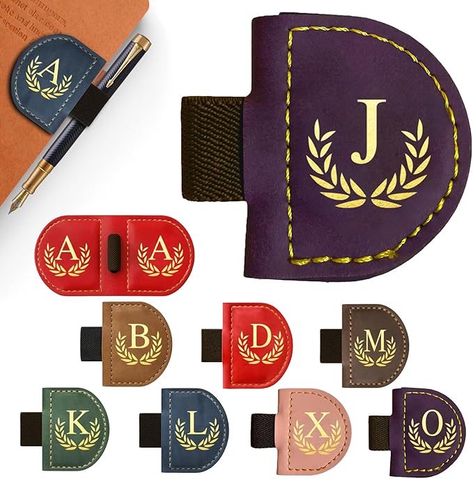 Personalized Leather Magnetic Bookmark with Pen Holder, Custom Bygone Mark Bookmark with Pen Holder, Custom Bookmarks with 26 Letters for Reading Women, Men, Teachers, Book Lovers（Purple，J）