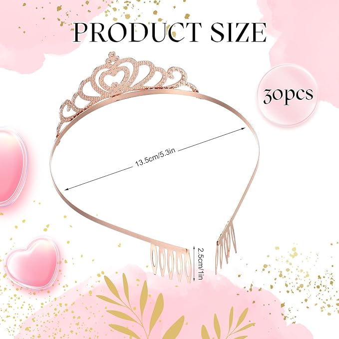 Lyrow 30 Pcs Tiara Crowns for Women Bulk Galentines Day Party Favors Crystal Queen Crowns with Comb Headband Princess Tiaras for Birthday Wedding Halloween Christmas(Rose Gold)