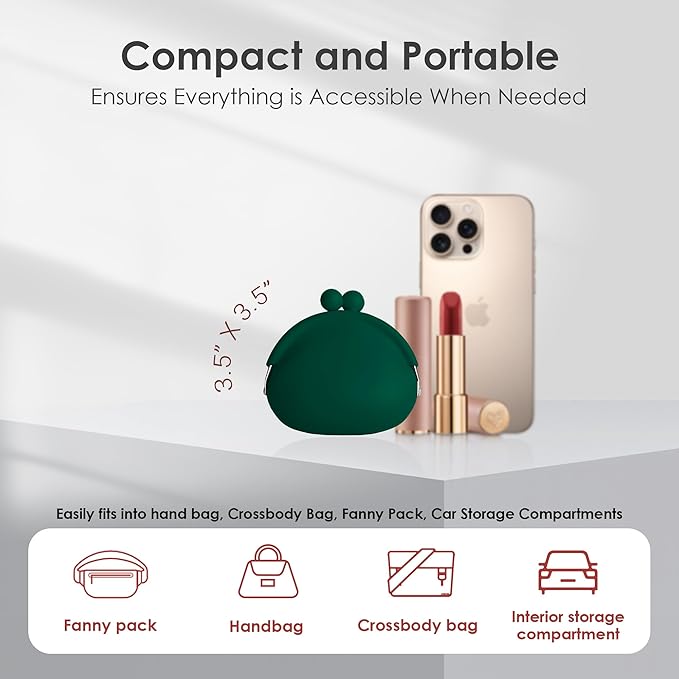 Coin Purse for Women – Silicone Small Coin Pouch with Kiss Lock for Coins, Keys, Lipstick, and Earphones – Mini Cute Change Purse, Coin Purse & Pouch for Daily Life, Cars, Travel, Party (Dark Green)