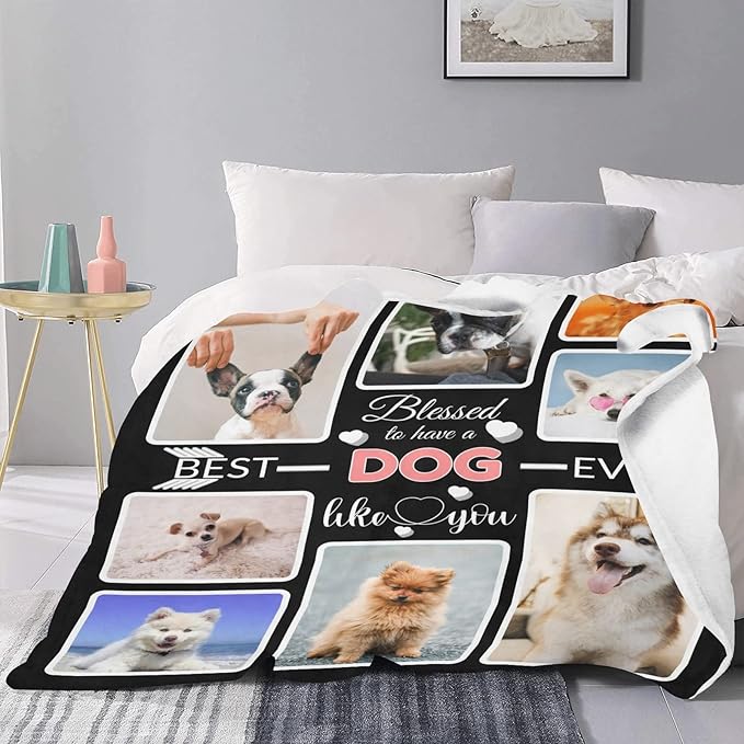 Custom Blanket Gifts for Dog, Customized Blankets with Photos, Make a Personalized Bed Throws to My Dog, Custom Souvenir Throw Blanket for Best Dog Ever, 8 Collages Made in USA