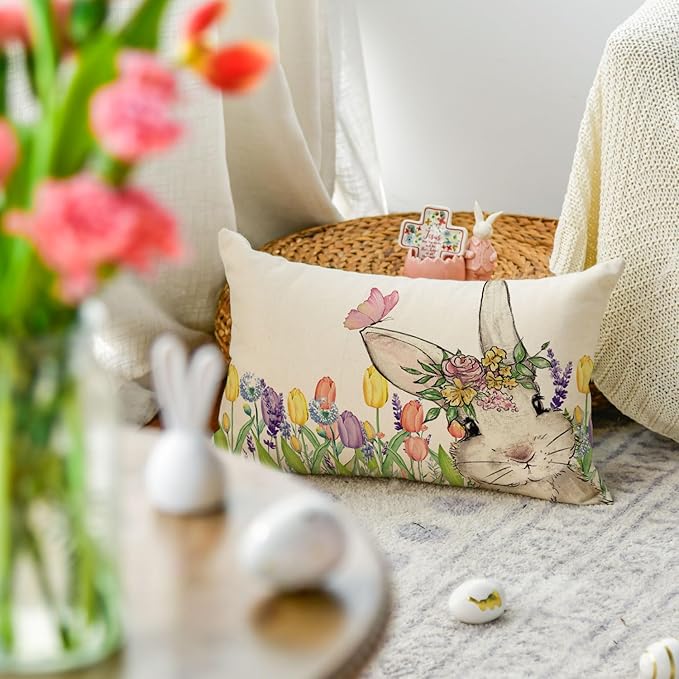 AVOIN colorlife Easter Floral Tulip Garland Bunny Throw Pillow Cover, 12 x 20 Inch Spring Rabbit Holiday Cushion Case Decoration for Sofa Couch