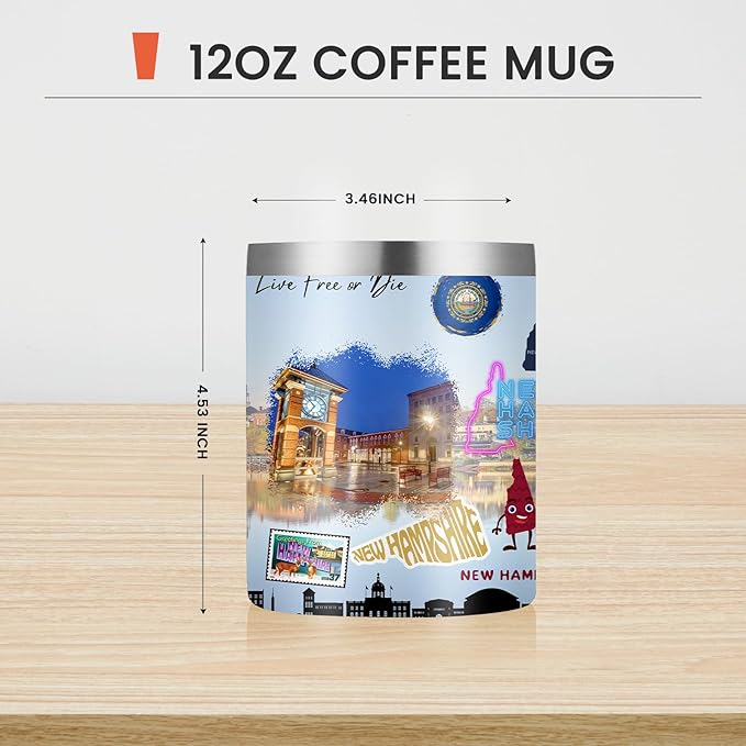 12oz Coffee Mug New Hampshire State Insulated Coffee Cups, United States Map Travel Mug Landmark, Birthday Gifts Cute Mugs with Lid and Straw Gifts for Mom