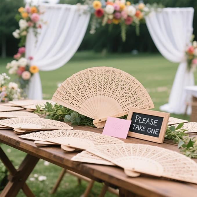 Wobe 60 Pack Sandalwood Fans Wedding Favors, Hand Held Folding Fans Wooden Openwork Personal Handheld Folding Fans for Wedding Party, Home Decorations Birthday Gift