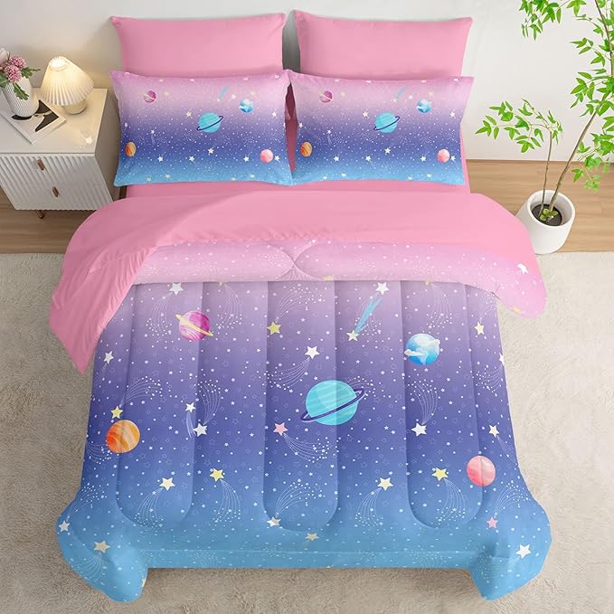 7Pcs Comforter Set Space Planet Multi Color Gradient Printed Bedding Set with 1 Comforter,1 Flat Sheet,1 Fitted Sheet and 4 Pillowcases for Boys and Girls Bedroom All Season(Queen)