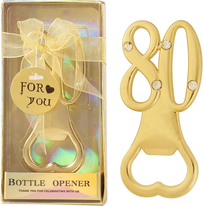 24 pcs gold themed 80th birthday bottle openers favored for anniversary wedding party gifts, 80th birthday party souvenirs or party decorations (Gold, 80 style)
