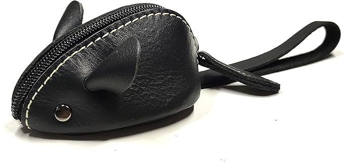 Genuine Leather Mouse Coin Purse Change Pouch Holder Cute Design,Kids Gifts (Black)
