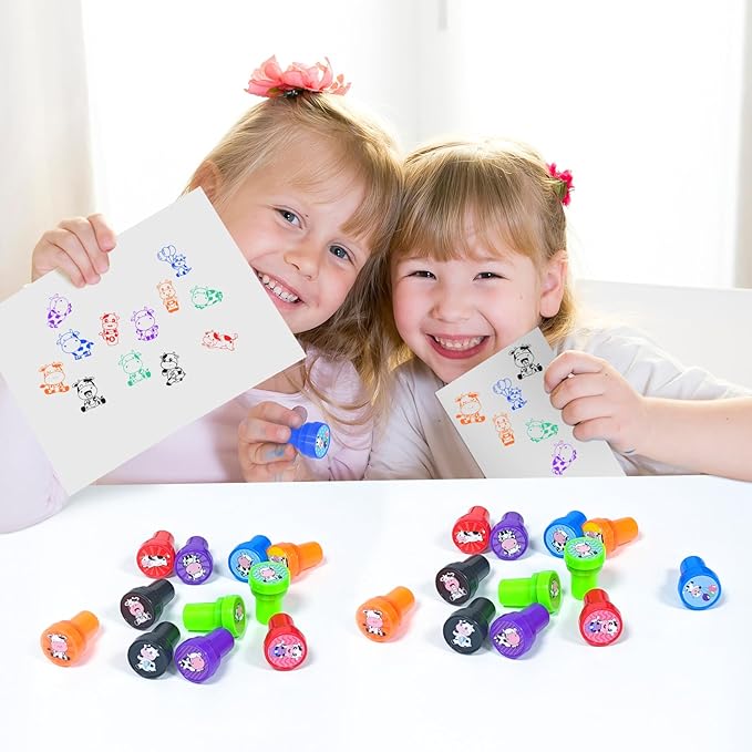 Cinrobiye 24 Pcs Cow Stampers for Boys Girls,Farm Animal Party Birthday Favors, Cow Goodie Bag Fillers, Classroom Rewards, Carnival Prizes, Pinata Stuffers for Moo Party Gifts