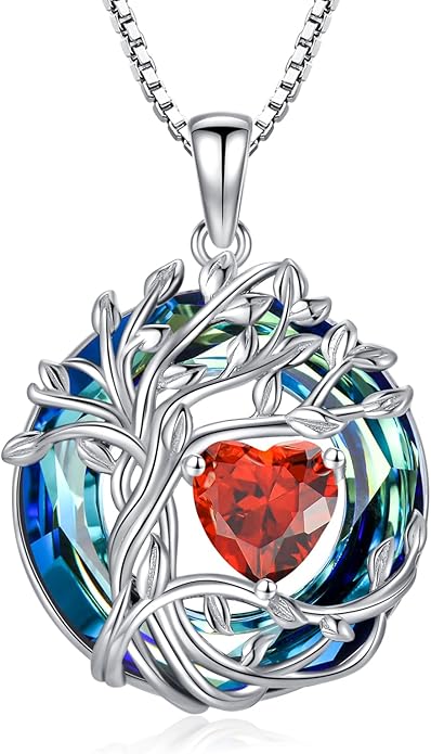 TOUPOP Tree of Life Birthstone Necklace 925 Sterling Silver Pendant Austrian Crystal Jewelry Anniversary Valentine's Day Birthday Gifts for Women Mom Her Wife