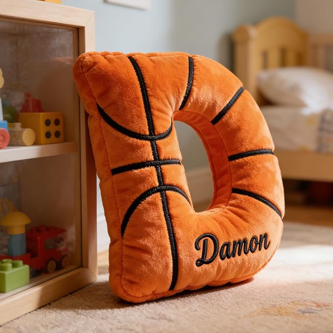 Mostop Personalized Initial Letter Pillow Custom Basketball Shaped Pillow with Name Birthday Gifts for Kids Boy Girls Dad Sports Lover