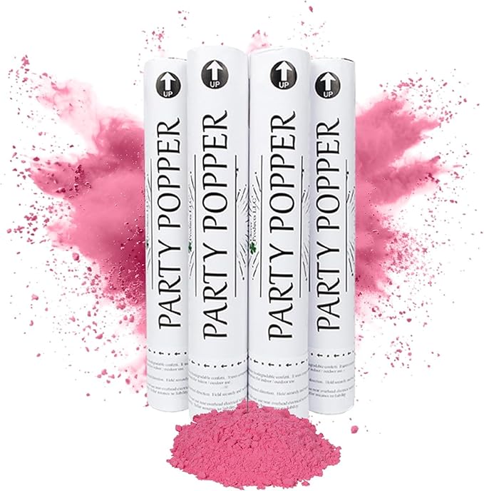 Clover Products Gender Reveal Confetti Poppers – Biodegradable Powder cannon - Pink, 4 Pack - Girl Smoke Bombs - Powder Cannon Party Poppers Pink Party Supplies- Includes FREE “It’s a Girl” Balloon