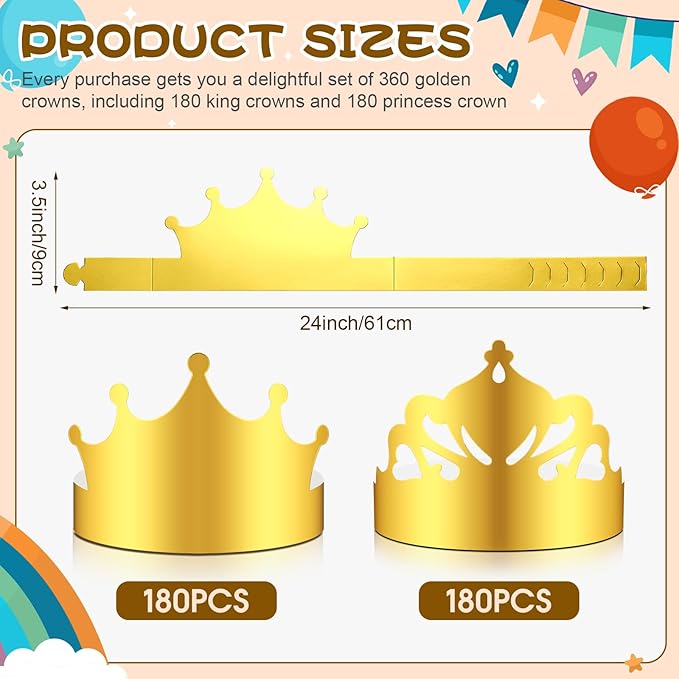 Nezyo 360 Pcs Paper Crowns Bulk King and Princess Crown Hats for Boys Girls Adults Birthday Celebration Supplies Baby Shower