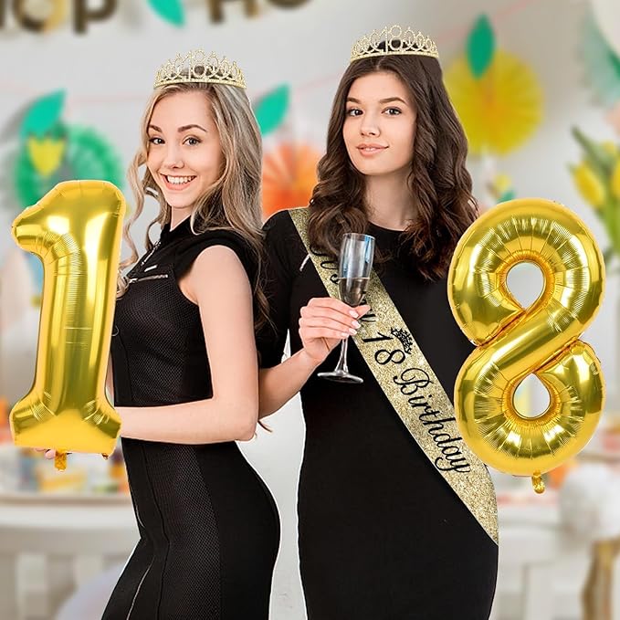 18th Birthday Decorations for Girls Gold with 18th Birthday Tiara and Sash, Cake Topper andCandles, Number Balloons, 18 Year Old Gifts for Girls