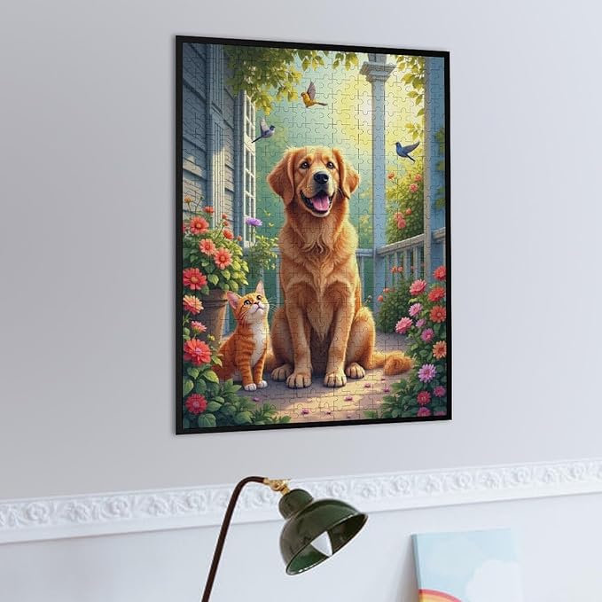 Wooden Puzzle - Garden Golden Retriever Jigsaw Puzzles，Wooden Puzzles for Adults 500 Pieces Challenge Puzzles，Educational Games，Family Puzzles，Unique Gifts for Wall Art