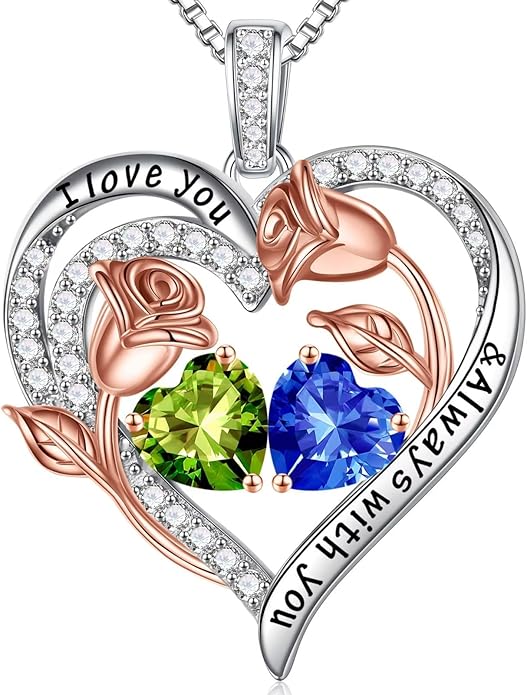 Iefil Valentines Day Gifts for Her - 925 Sterling Silver Rose Heart Birthstone Necklace Birthday Anniversary Jewelry Gifts for Her Wife Mom Daughter